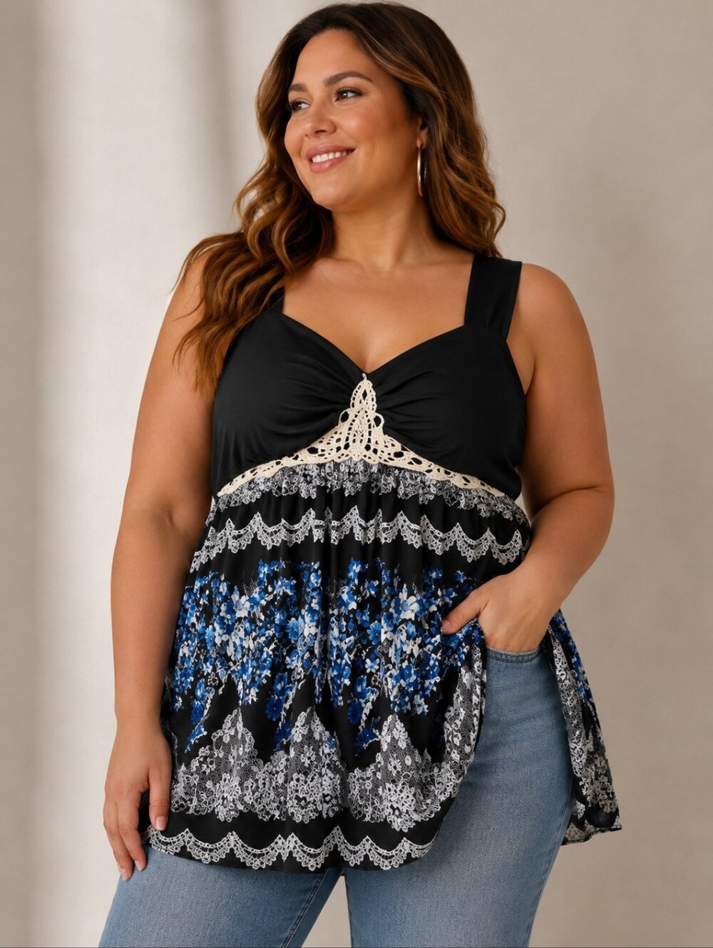 Plus Size 3X Black Blue Floral Lace Tunic Top